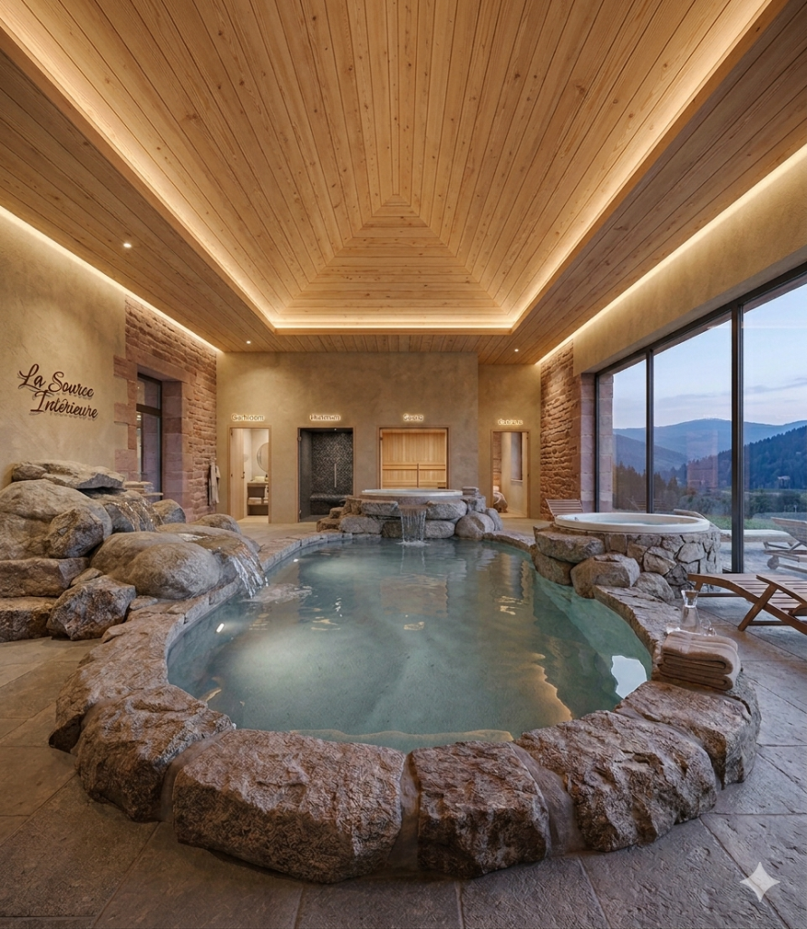 Piscine intérieure en pierre naturelle avec vue sur les montagnes vosgiennes - Domaine du Seux