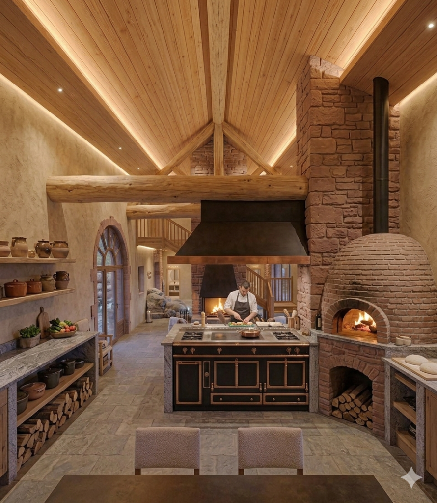 Cuisine professionnelle gîte de luxe avec four à pizza à bois