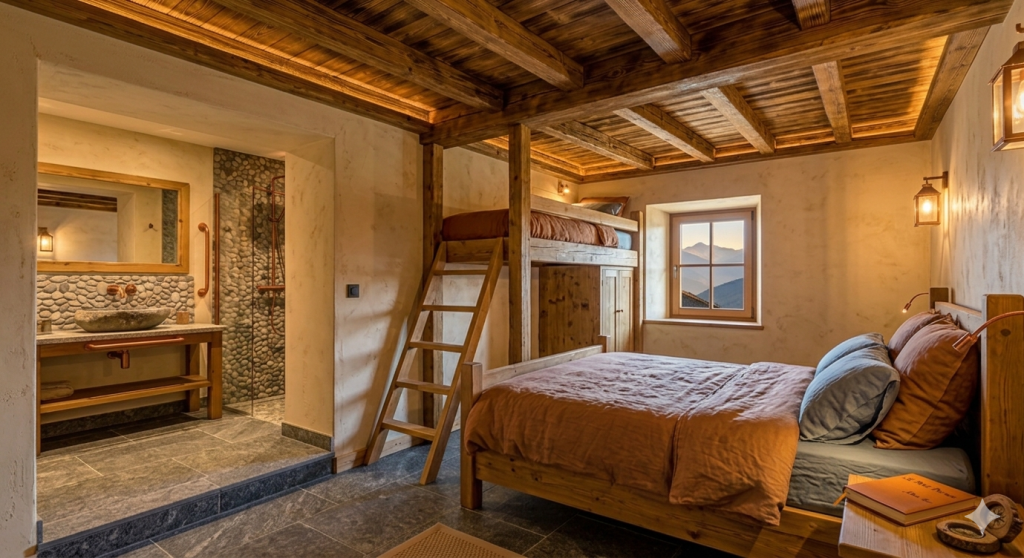 Intérieur de la suite familiale « Les Échantignolles » au Domaine du Seux. Comprend un lit double, un lit superposé intégré, et une salle de bain avec vasque granit et douche en galets. Ambiance chaleureuse avec vieux bois, chaux et vue sur les montagnes.
