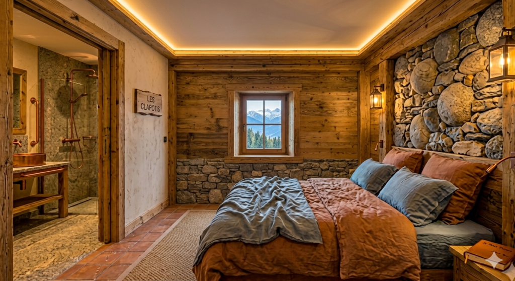 Suite "Les Clapotis" au Domaine du Seux : une chambre double PMR chaleureuse alliant vieux bois, tête de lit en granite vosgien et salle de bain adaptée.