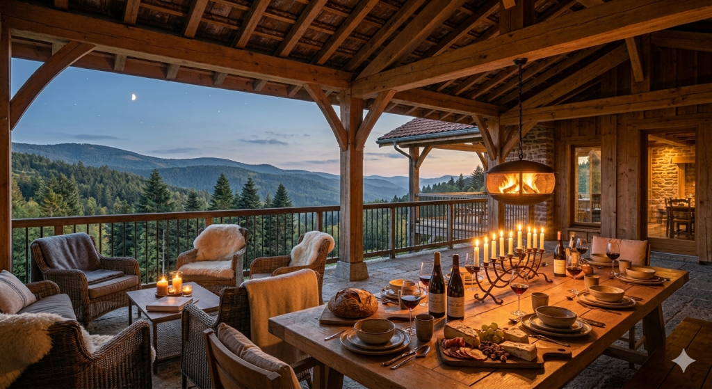 Terrasse couverte en bois avec vue panoramique sur les montagnes des Vosges et les forêts de sapins au Domaine du Seux.