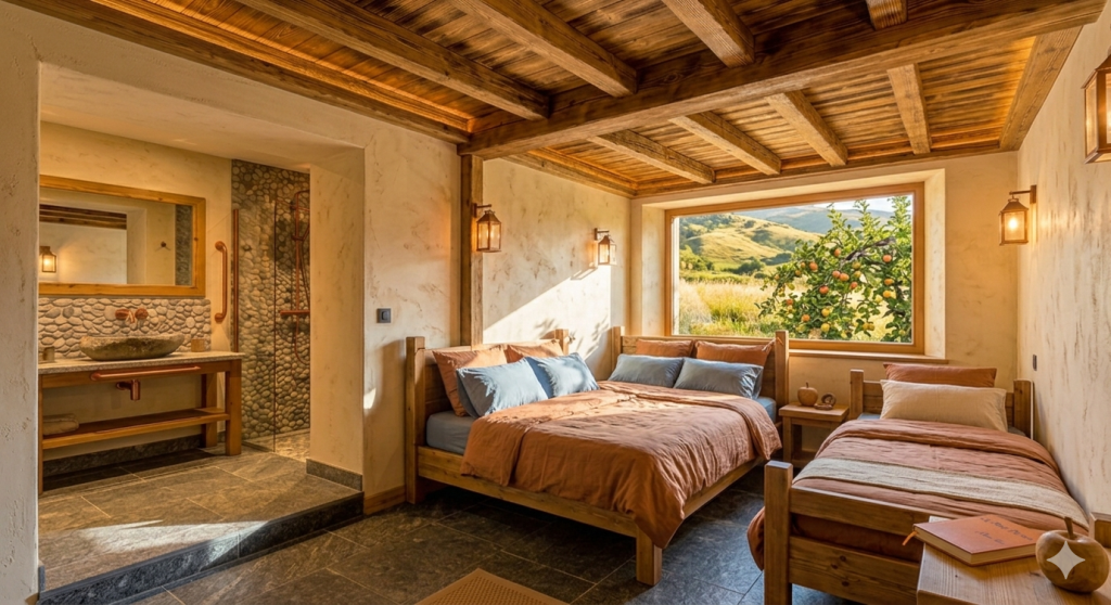 Intérieur de la suite « Sous le Pommier » au Domaine du Seux. Comprend un lit double, un lit simple, et une salle de bain avec vasque en pierre et douche en galets. Ambiance rustique et chaleureuse avec bois ancien, chaux et vue sur les collines et un pommier.