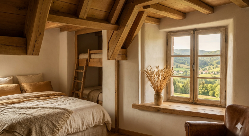 Chambre familiale Les Épis au Domaine du Seux : suite avec lit double, lits superposés en bois brut, bouquet de blé séché et vue panoramique sur la vallée vosgienne.