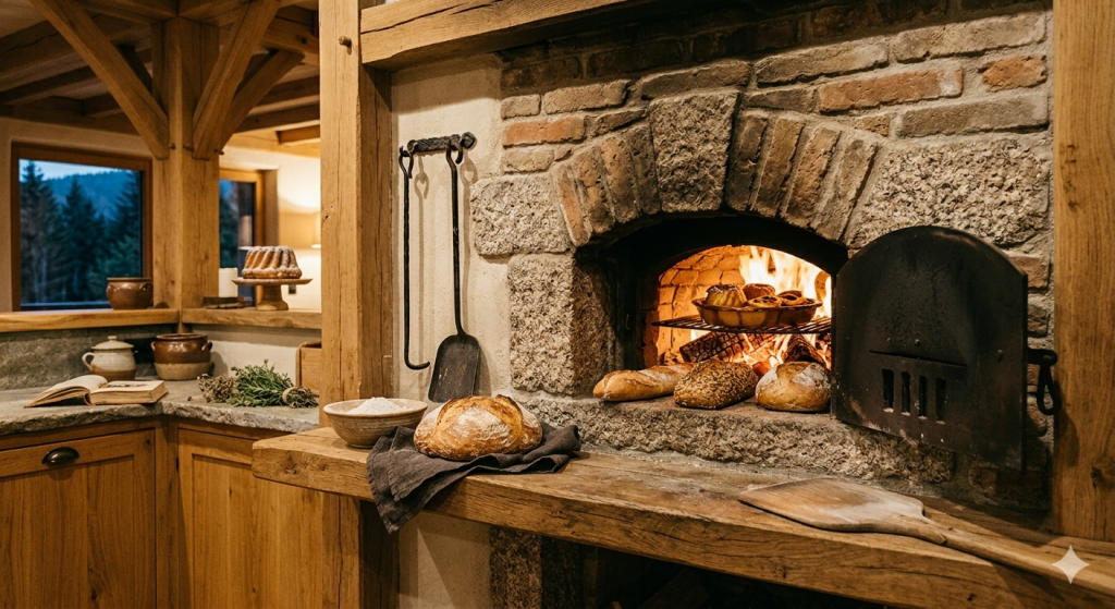 Cuisine avec four à bois traditionnel en granite et vieux chêne au Domaine du Seux, Vosges.