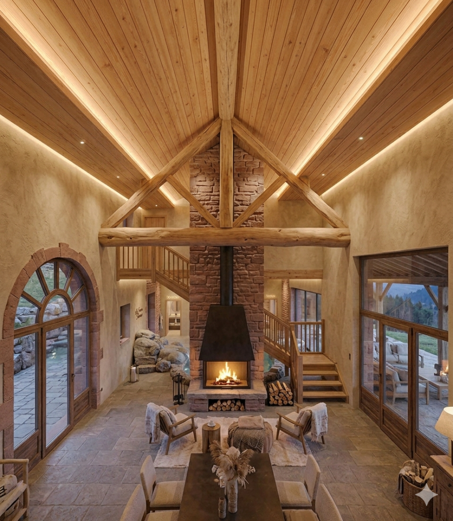 Grande salle de réception bois et pierre Vosges