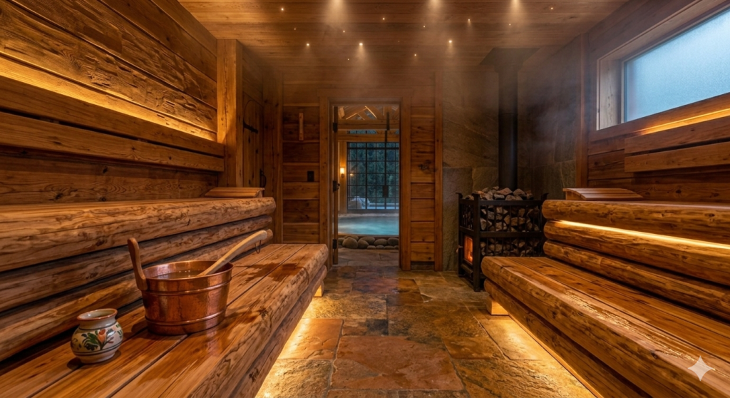 Sauna haut de gamme au Domaine du Seux dans les Vosges, intérieur en vieux bois de sapin