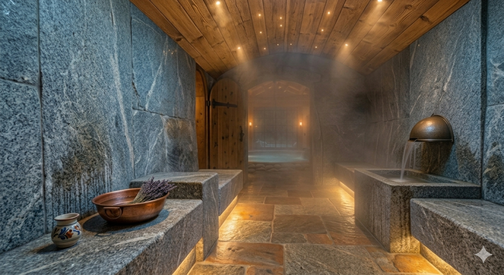 Hammam du Domaine du Seux en granit brut avec éclairage tamisé et vapeur relaxante